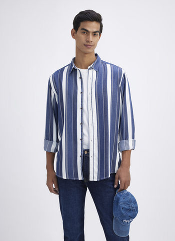 Men Navy & White Bold Striped Cotton Shirt