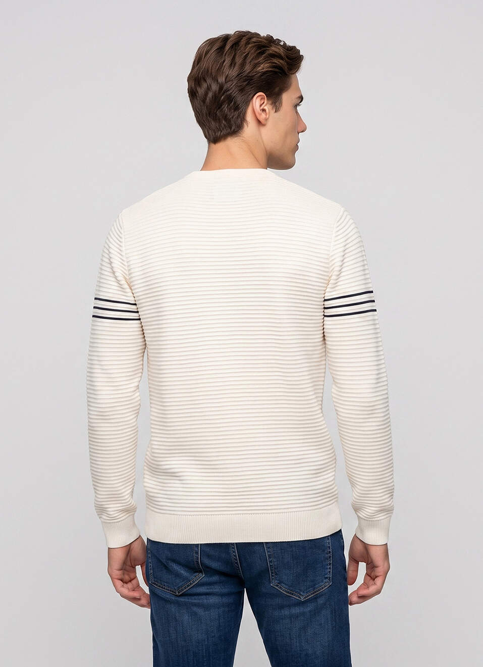 Men White Striped Full Sleeve Flat Knit Sweater, , large image number 2