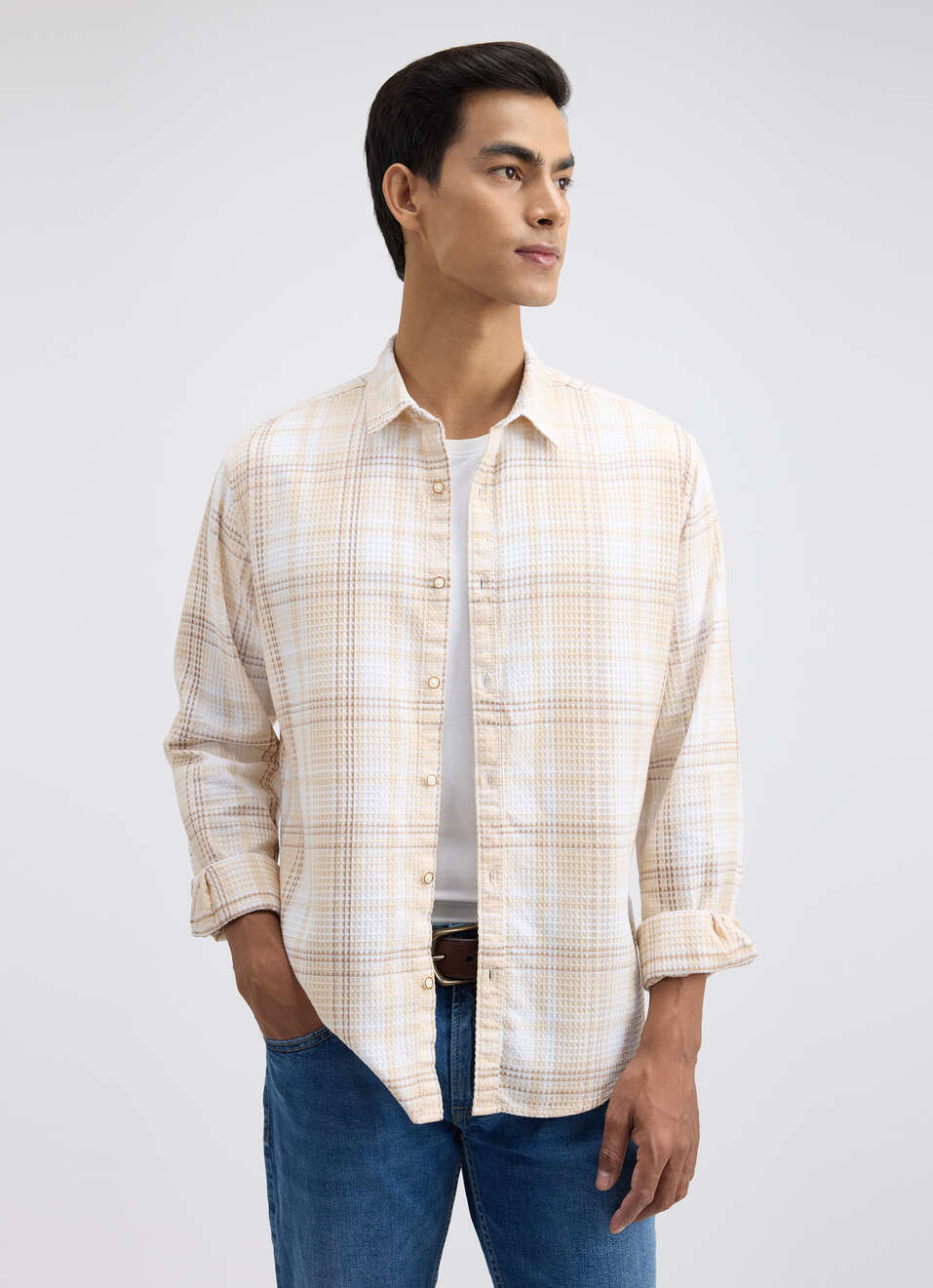Men Beige Check Full Sleeve Shirt, , large image number 0