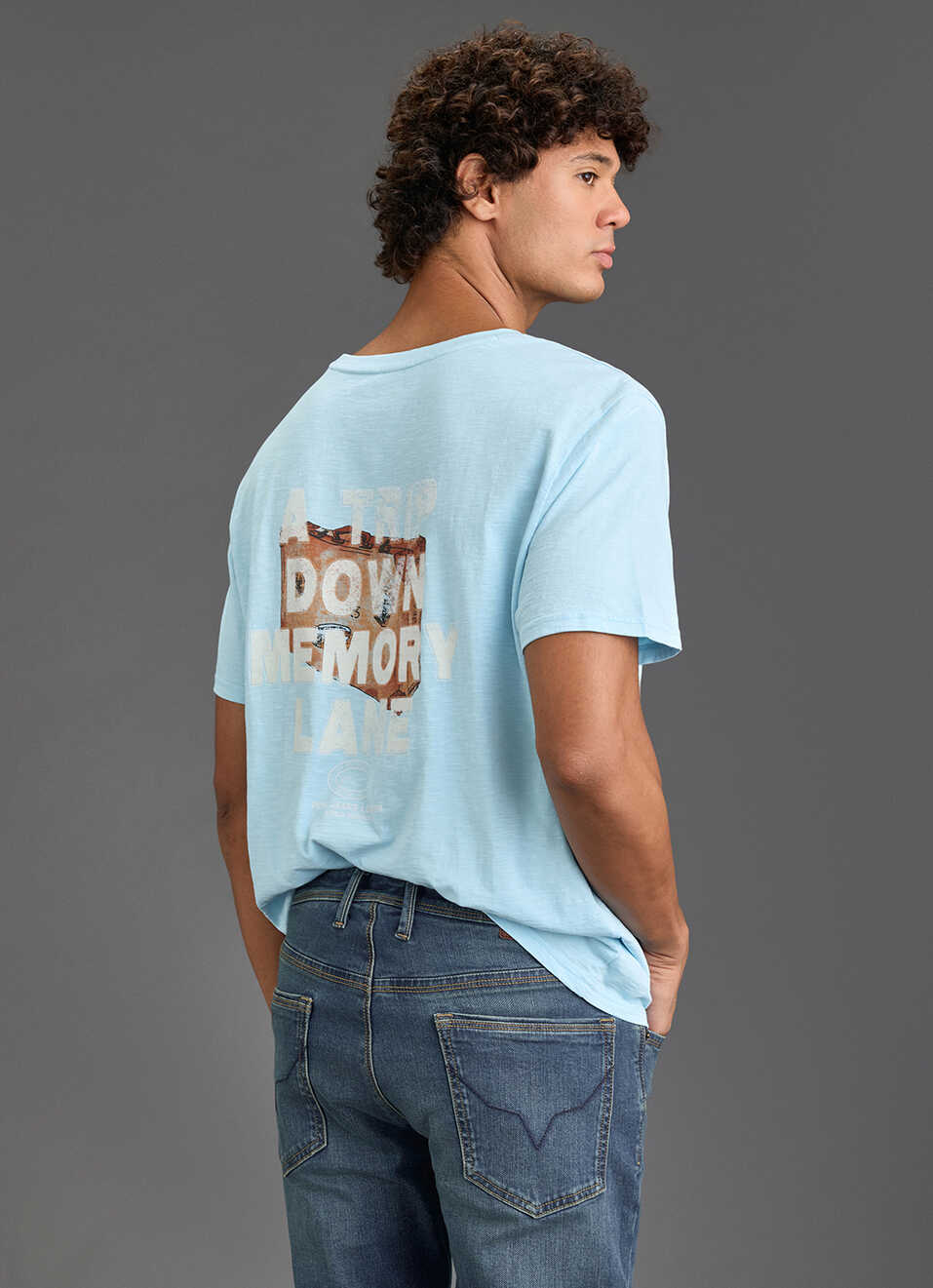 Men Sky Blue Relaxed Fit Short Sleeve Graphic T-shirt, , large image number 6