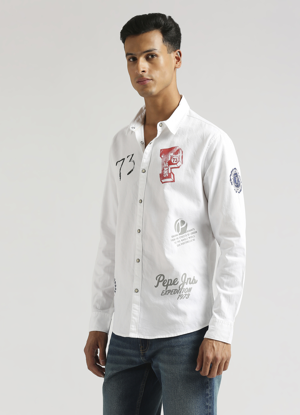 White Brand Print Ecru Snap Button Long Sleeve Shirt, , large image number 3