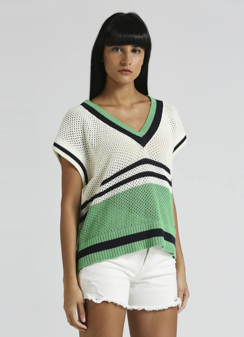 Green Oversized Self-Design Sleeveless Knitted Varsity Vest, , large image number 3