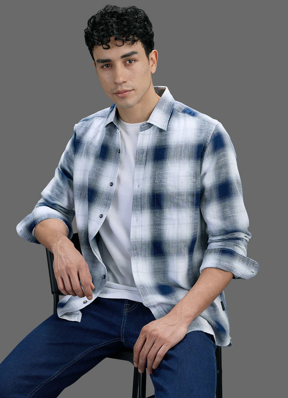 Men Blue Checked Long Sleeve Shirt, , large image number 0
