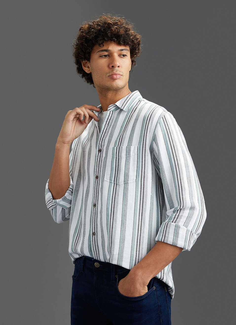 Men Beige Striped Regular Fit Full Sleeve Casual Shirt, , large image number 7