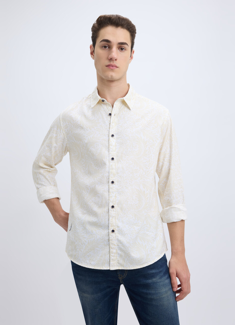 Men Beige Leaf Print Full Sleeve Shirt, , large image number 0