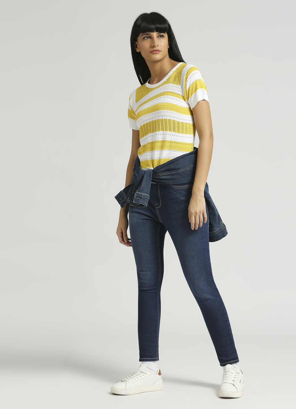 Yellow Stripes Self Design Flat Knit Top, , large image number 5