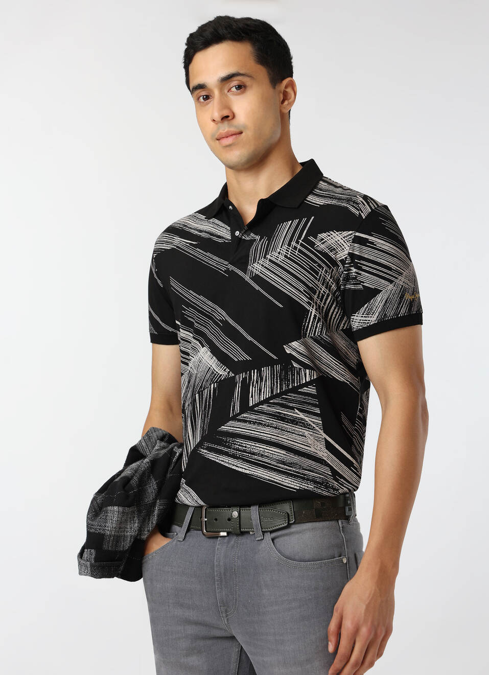 Men Black Regular Fit Abstract Printed Polo, , large image number 0