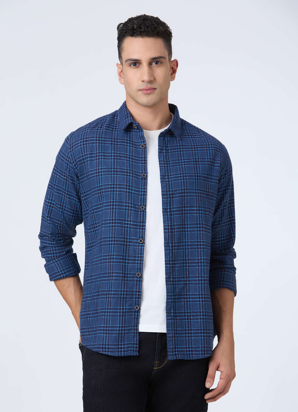 Men Teal Blue Check Full Sleeve Shirt, , large image number 0
