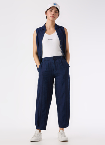 Women Blue High Rise Relaxed Fit Tapered Leg Textured Pant