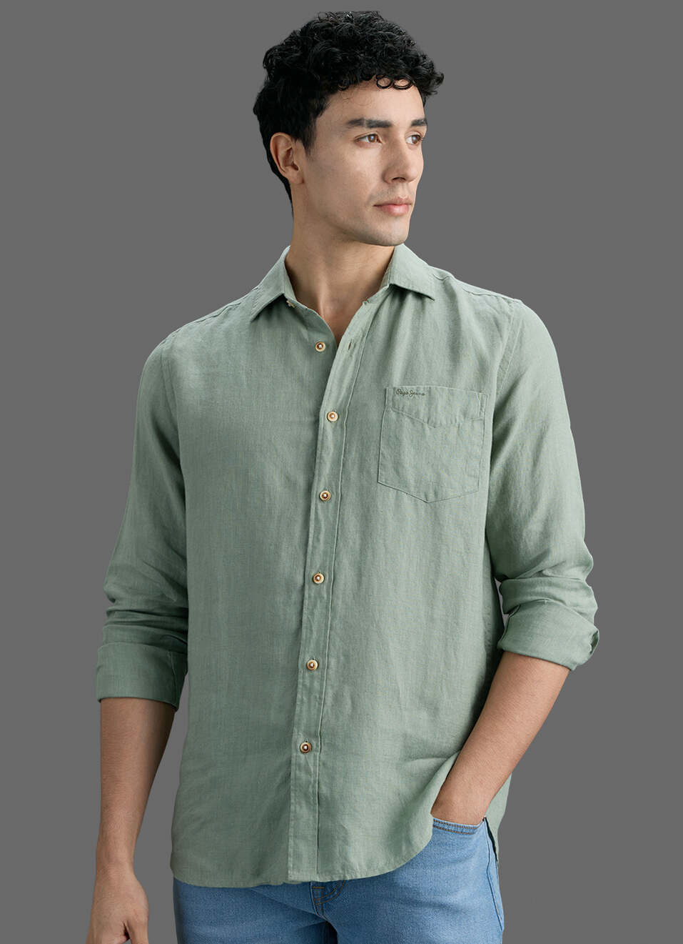 Men Light Green Solid Pure Linen Long Sleeve Shirt, , large image number 7