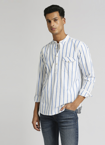 White Narrow Stripes Mandarin Collar Kurta Placket Shirt