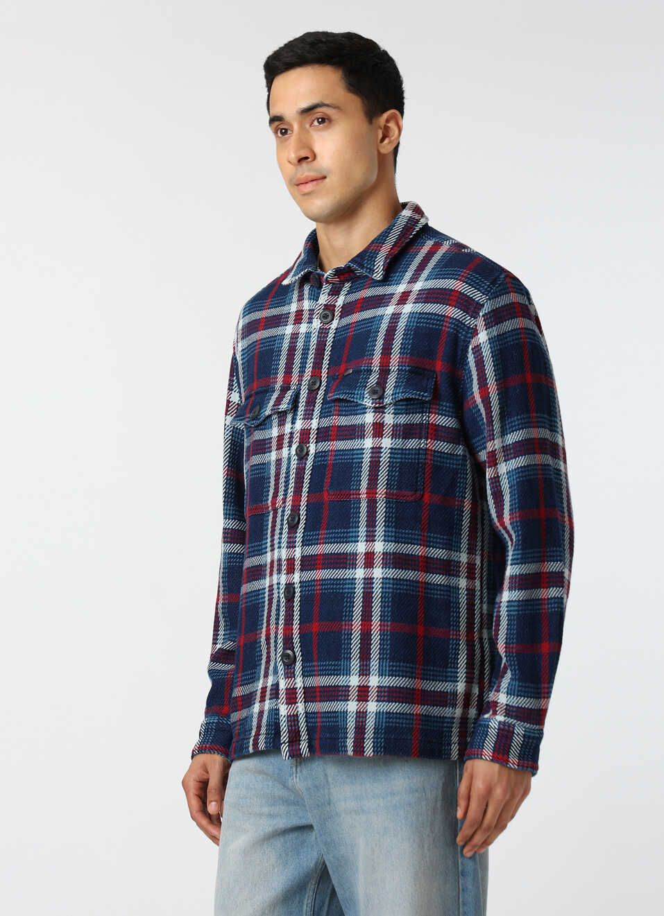 Men Indigo Blue Oversized Checked Shacket, , large image number 3