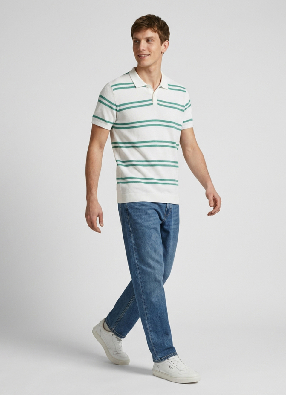 Men White Striped Flat Knit Polo Collar T-shirt, , large image number 5