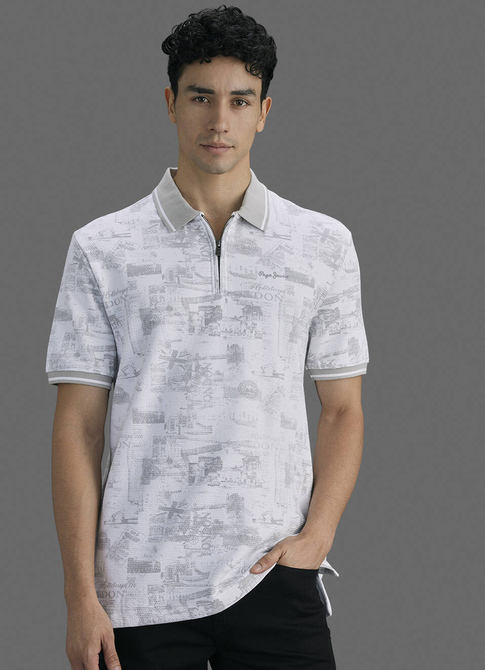 Men Grey Printed Polo Collar T-shirt, , large image number 5