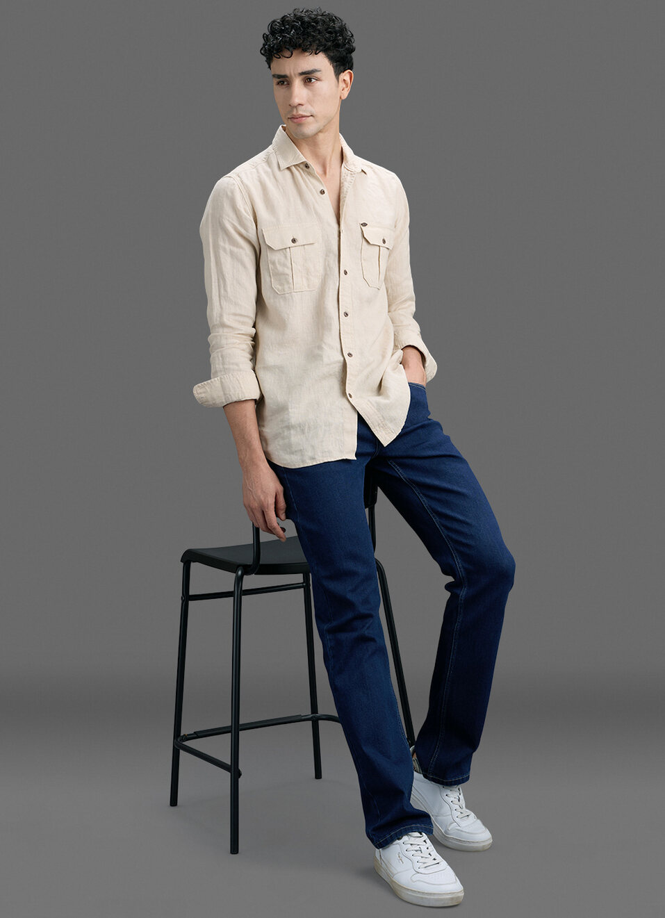 Men Beige Solid Pure Linen Safari Long Sleeve Shirt, , large image number 2