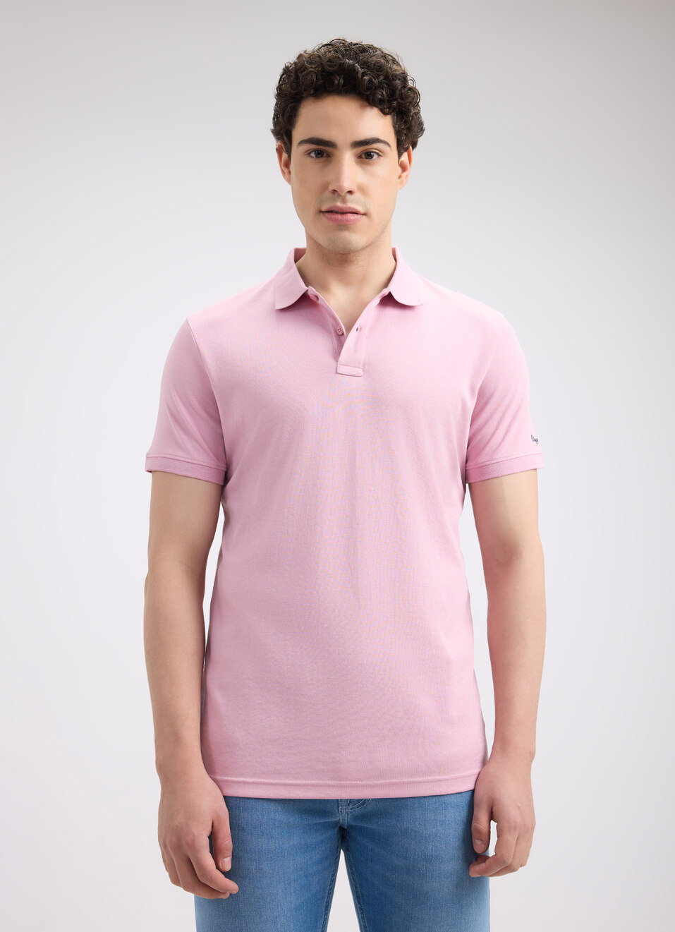 Men Peach Ribbed Collar Short Sleeve Polo, , large image number 1
