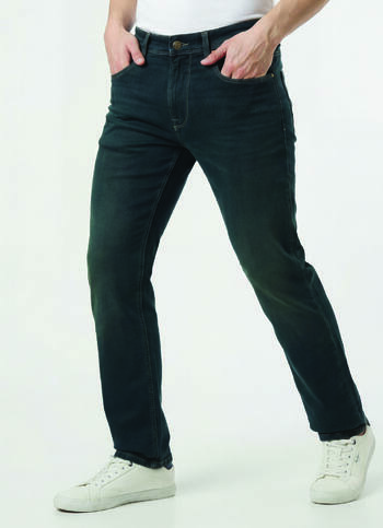 Men Green Mid Rise Straight Fit Textured Jeans