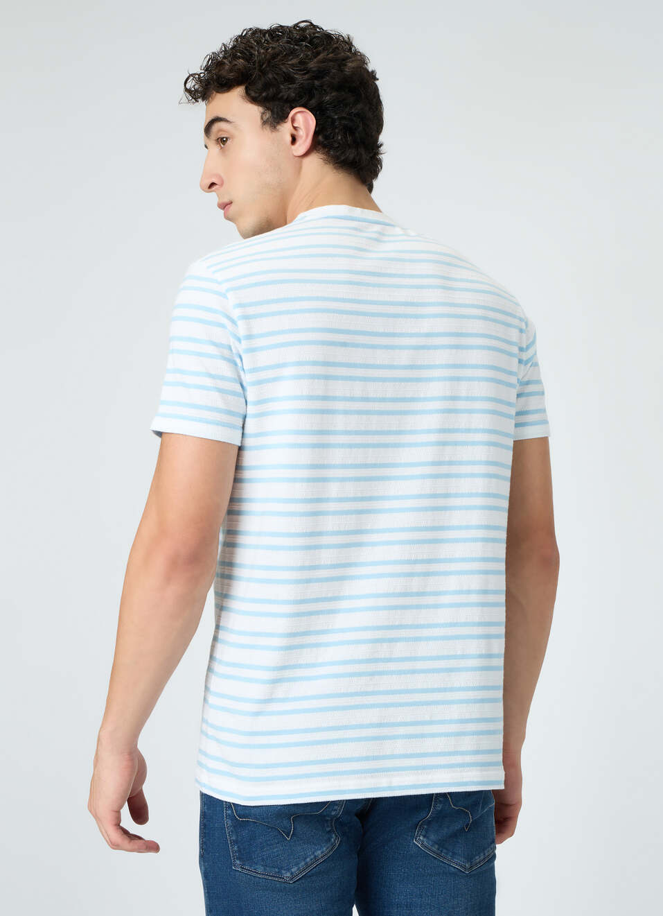 Men Sky Blue Striped Slim Fit T-shirt, , large image number 2
