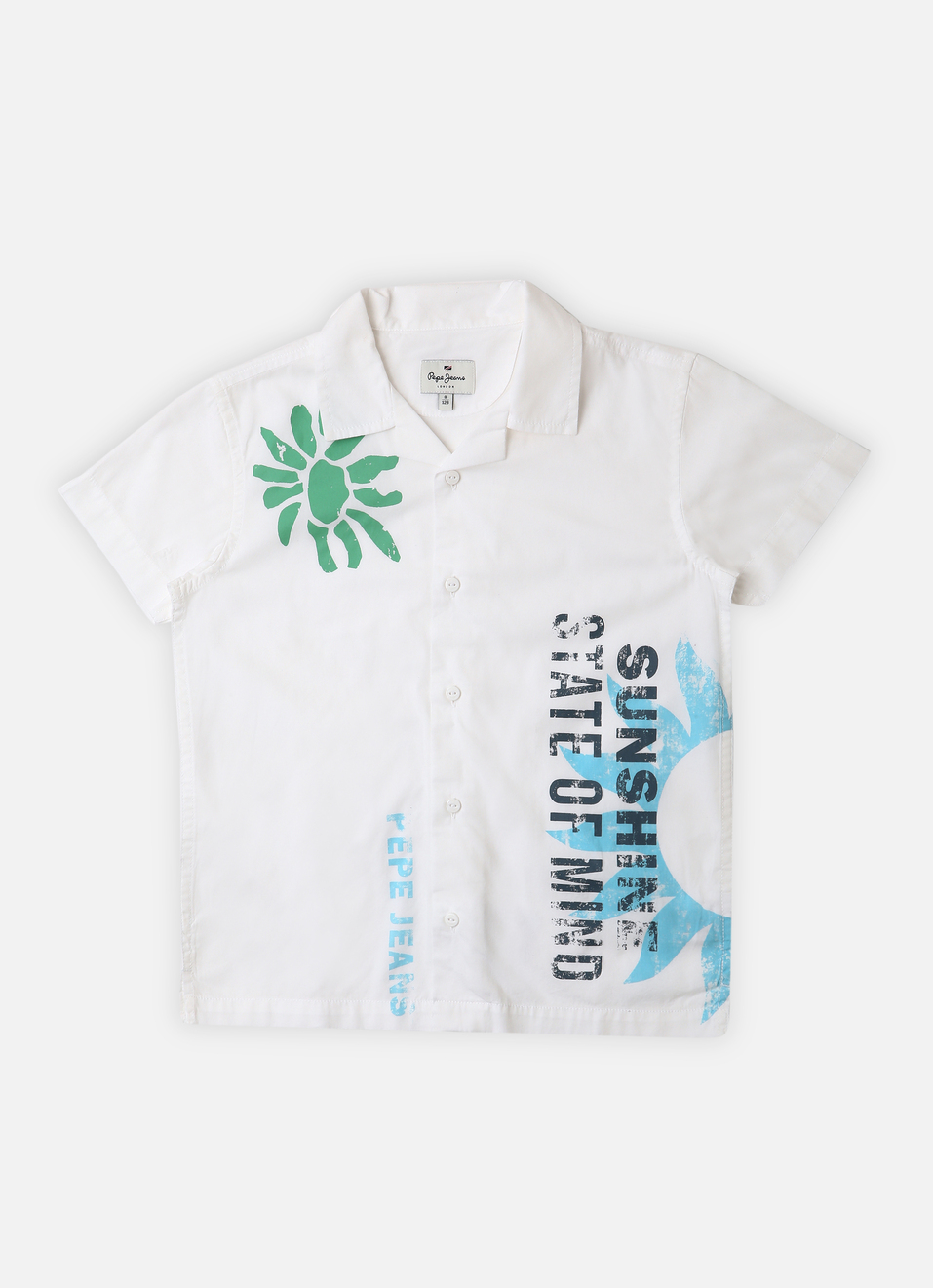 Boys White Distressed Typographic Print Resort Collar Shirt, , large image number 0