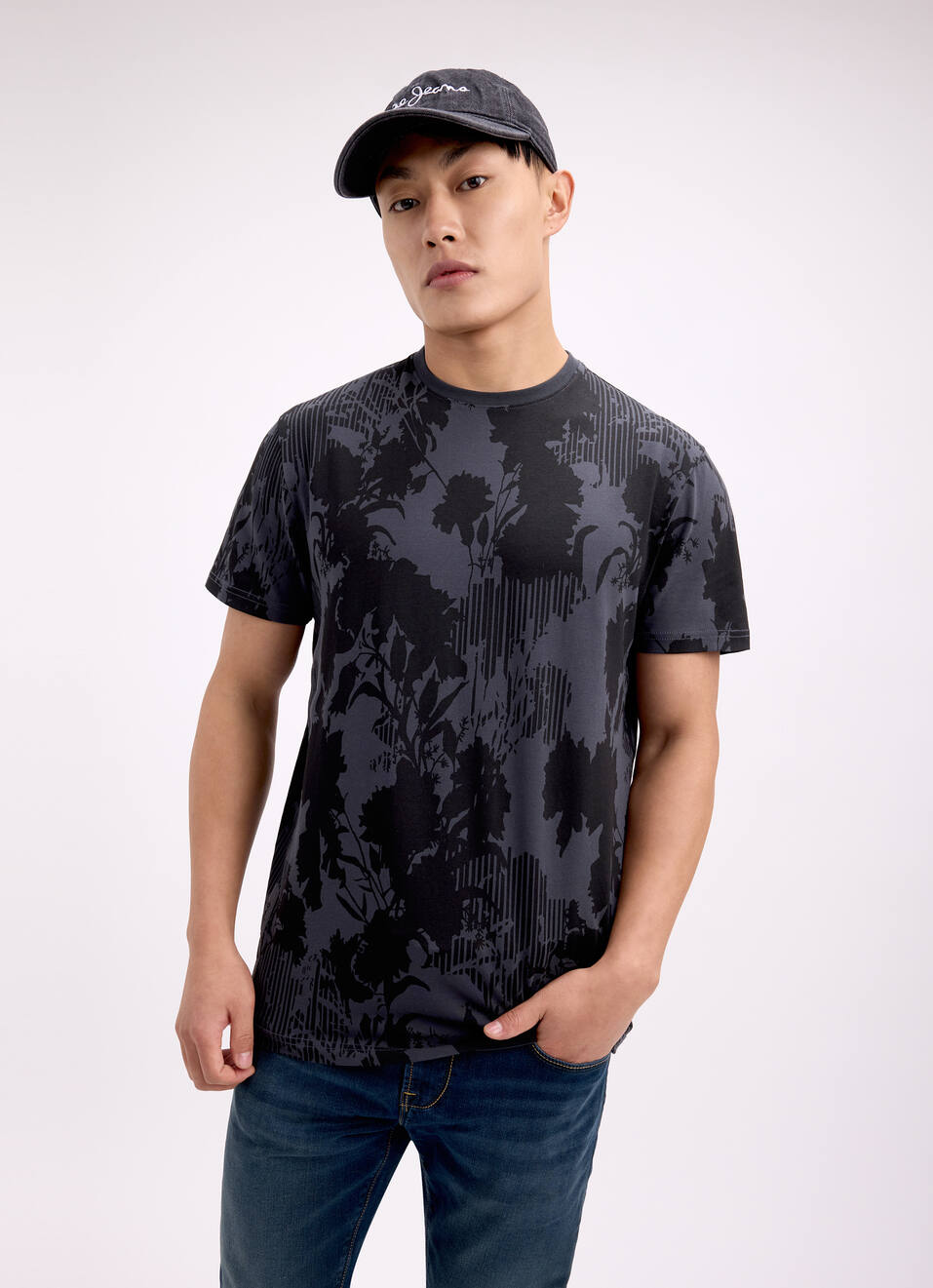 Men Grey Tropical Print Short Sleeve Stretch T-shirt, , large image number 0