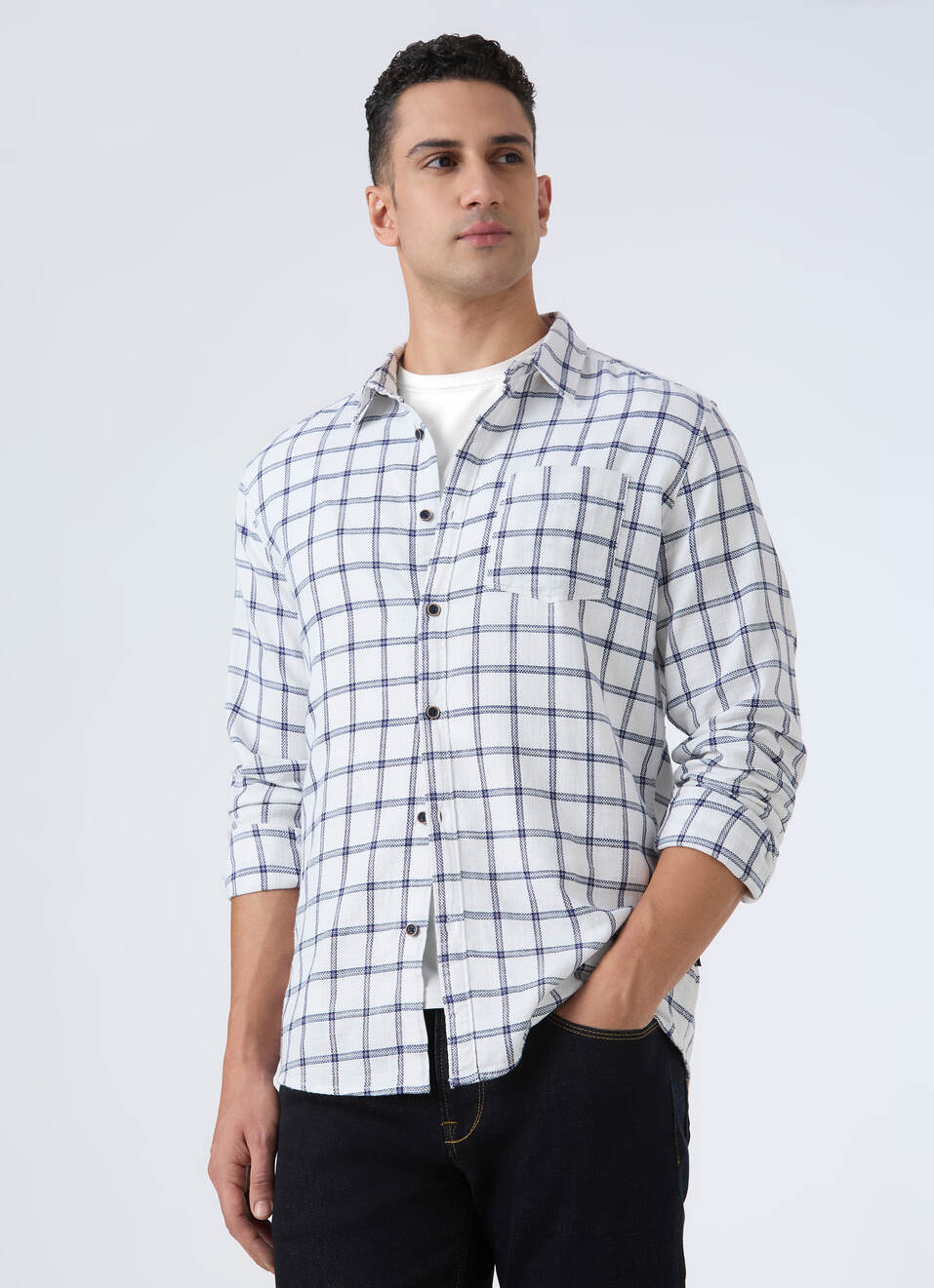 Men White Check Full Sleeve Shirt, , large image number 0
