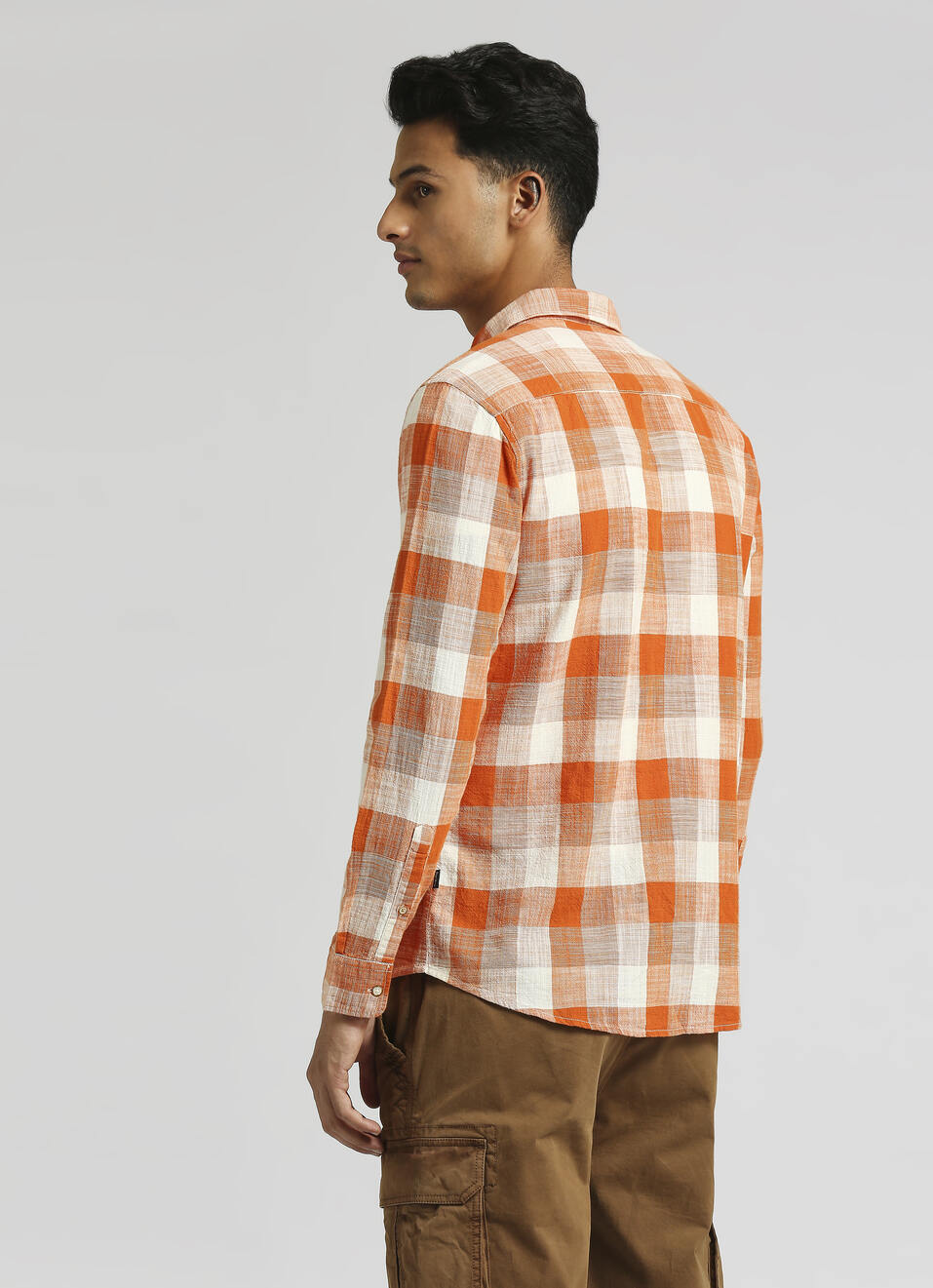 Orange Checks Yarn Dyed Slub Long Sleeve Shirt, , large image number 2