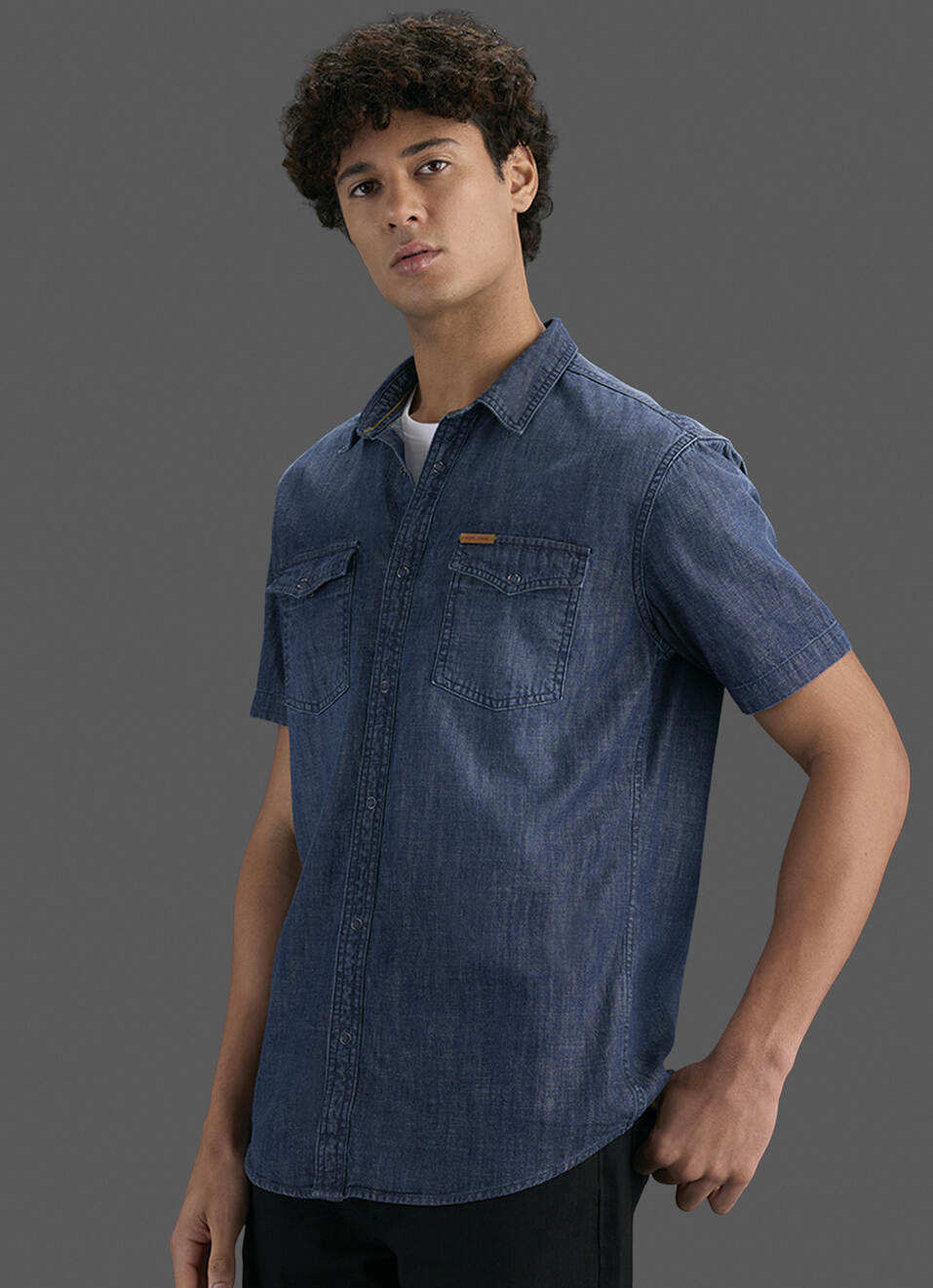 Men Dark Blue Short Sleeve Denim Shirt, , large image number 6
