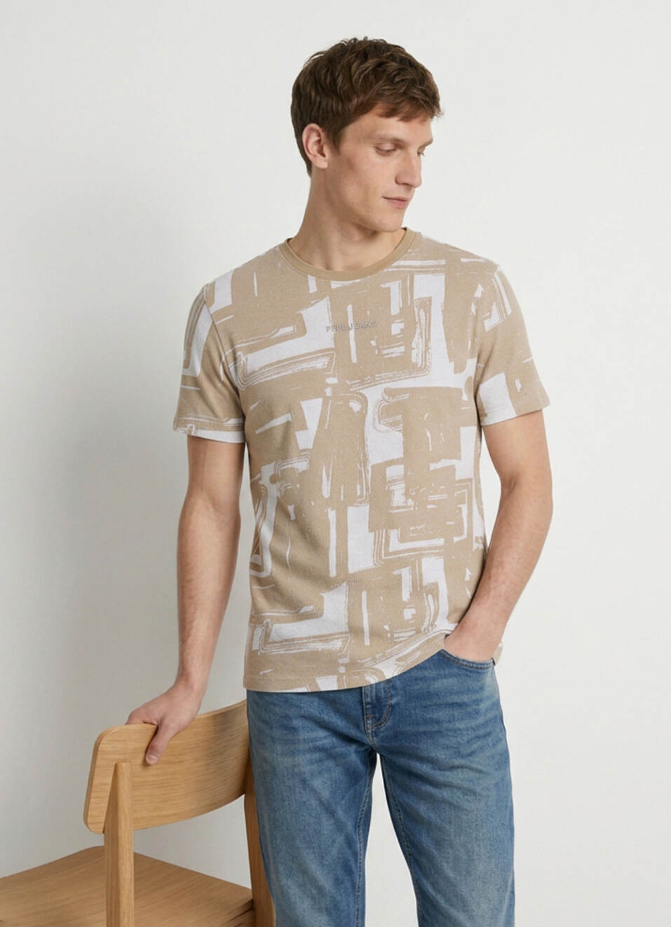 Men Beige Printed Slim Fit Short Sleeve T-shirt, , large image number 0