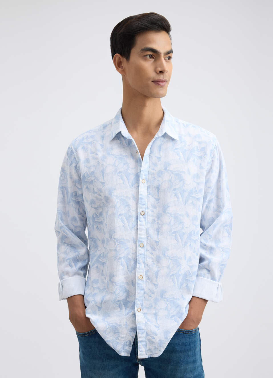 Men Blue Floral Print Full Sleeve Shirt, , large image number 1