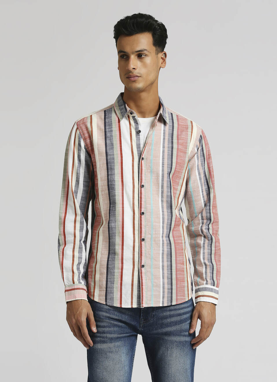 Peach Yarn Dyed Dobby Stripes Long Sleeve Shirt, , large image number 1