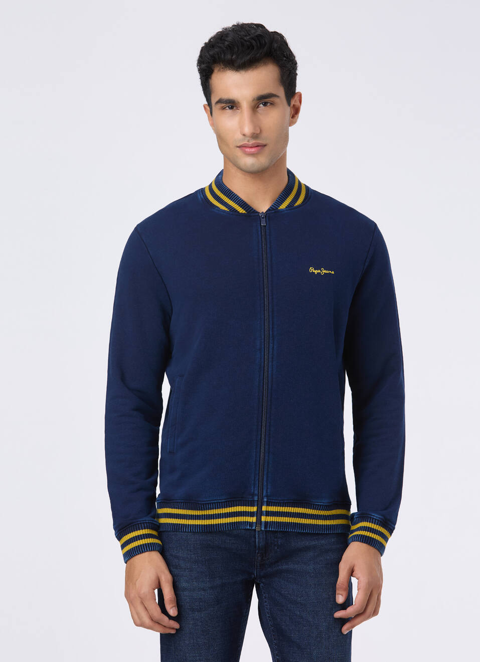 Men Navy Varsity Collar Zip Up Sweatshirt, , large image number 1