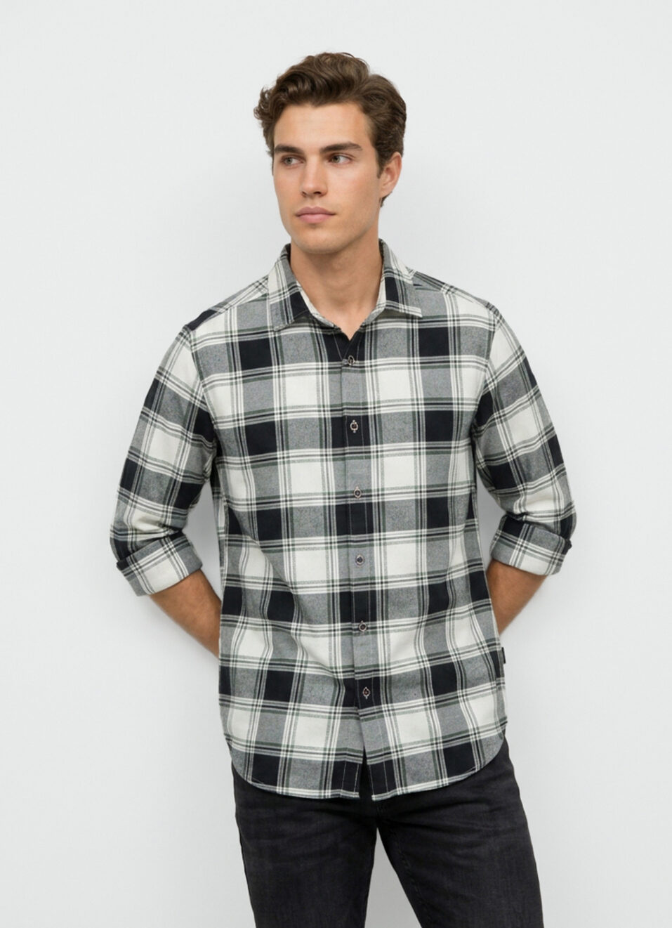 Men Black Checked Dobby Long Sleeve Shirt, , large image number 1