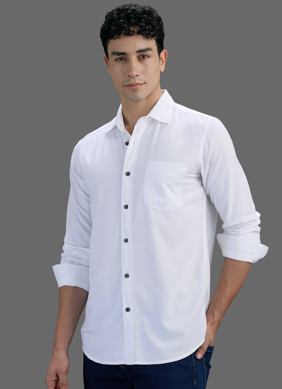 Men White Solid Long Sleeve Shirt, , large image number 7