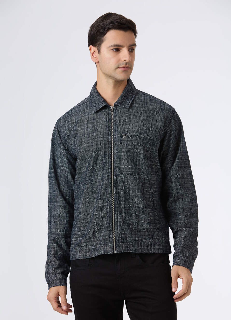 Men Black Textured Zip Up Trucker Jacket, , large image number 1
