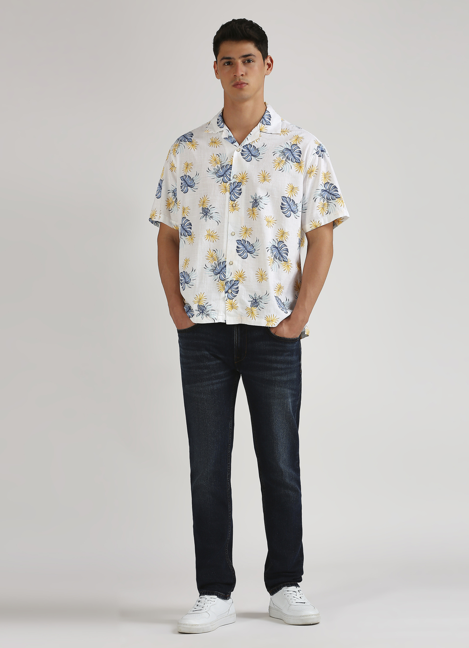 Off White Botanical Print Resort Collar Short Sleeve Shirt, , large image number 5