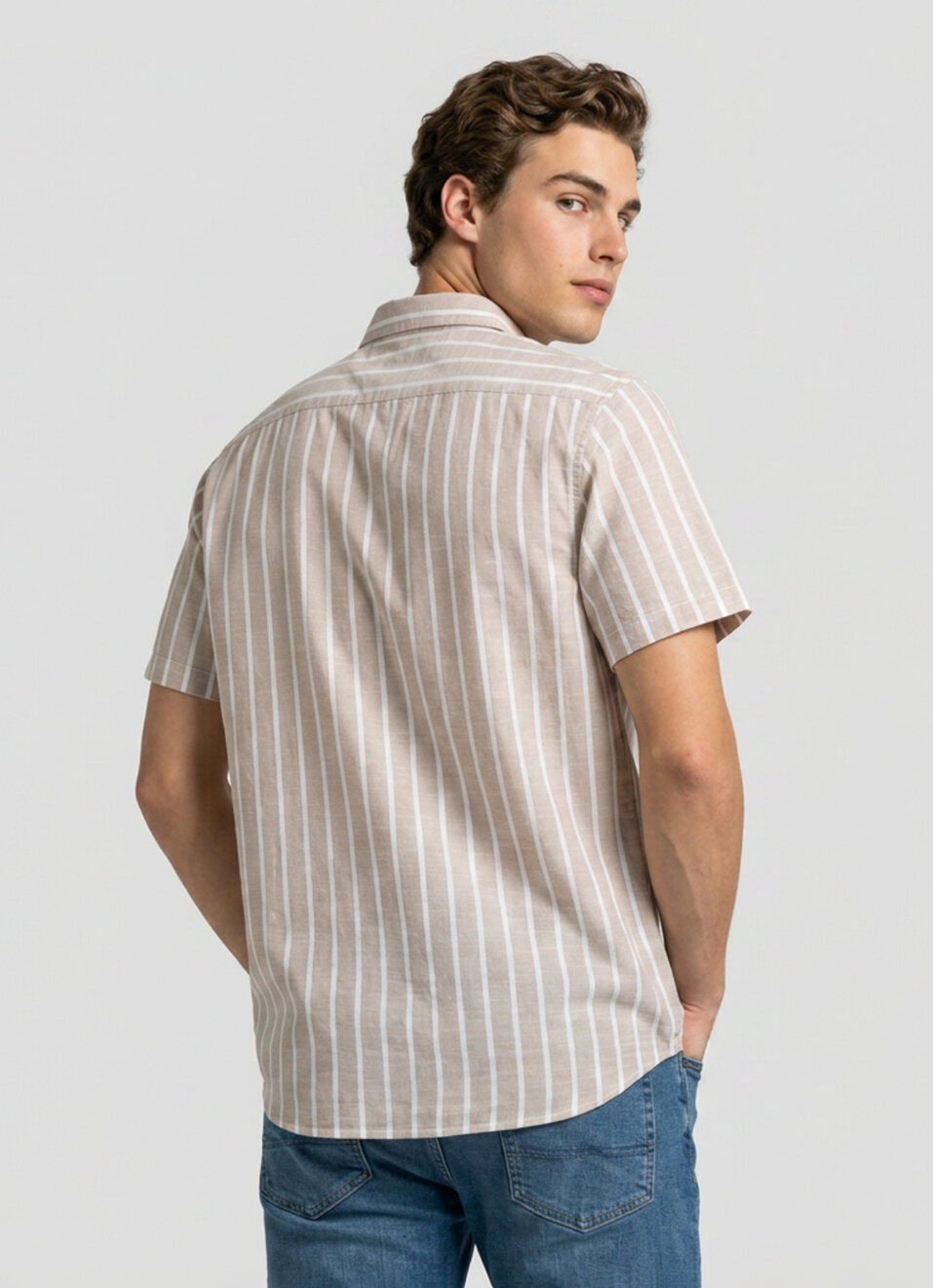 Men Beige Striped Cotton Slub Short Sleeve Shirt, , large image number 2