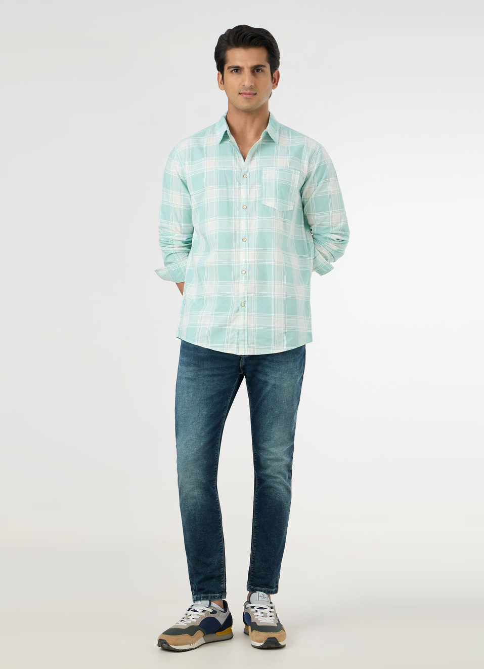 Men Aqua Blue Checked Shirt, , large image number 5