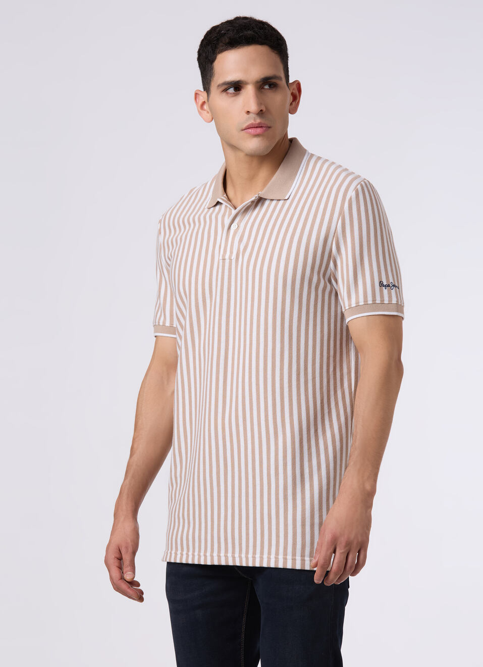 Men Beige Striped Polo Collar T-shirt, , large image number 3