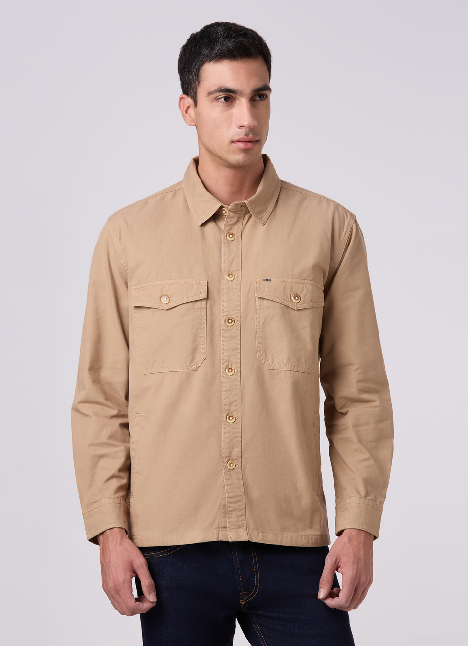 Men Khaki Beige Oversized Flap Pockets Shirt, , large image number 1