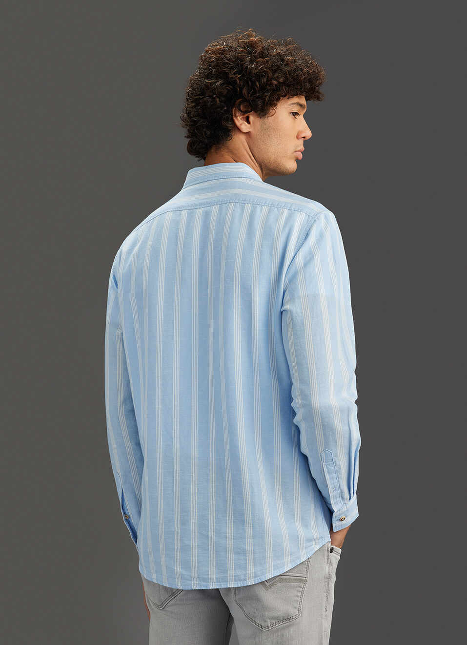 Men Sky Blue Striped Regular Fit Cotton Linen Shirt, , large image number 6