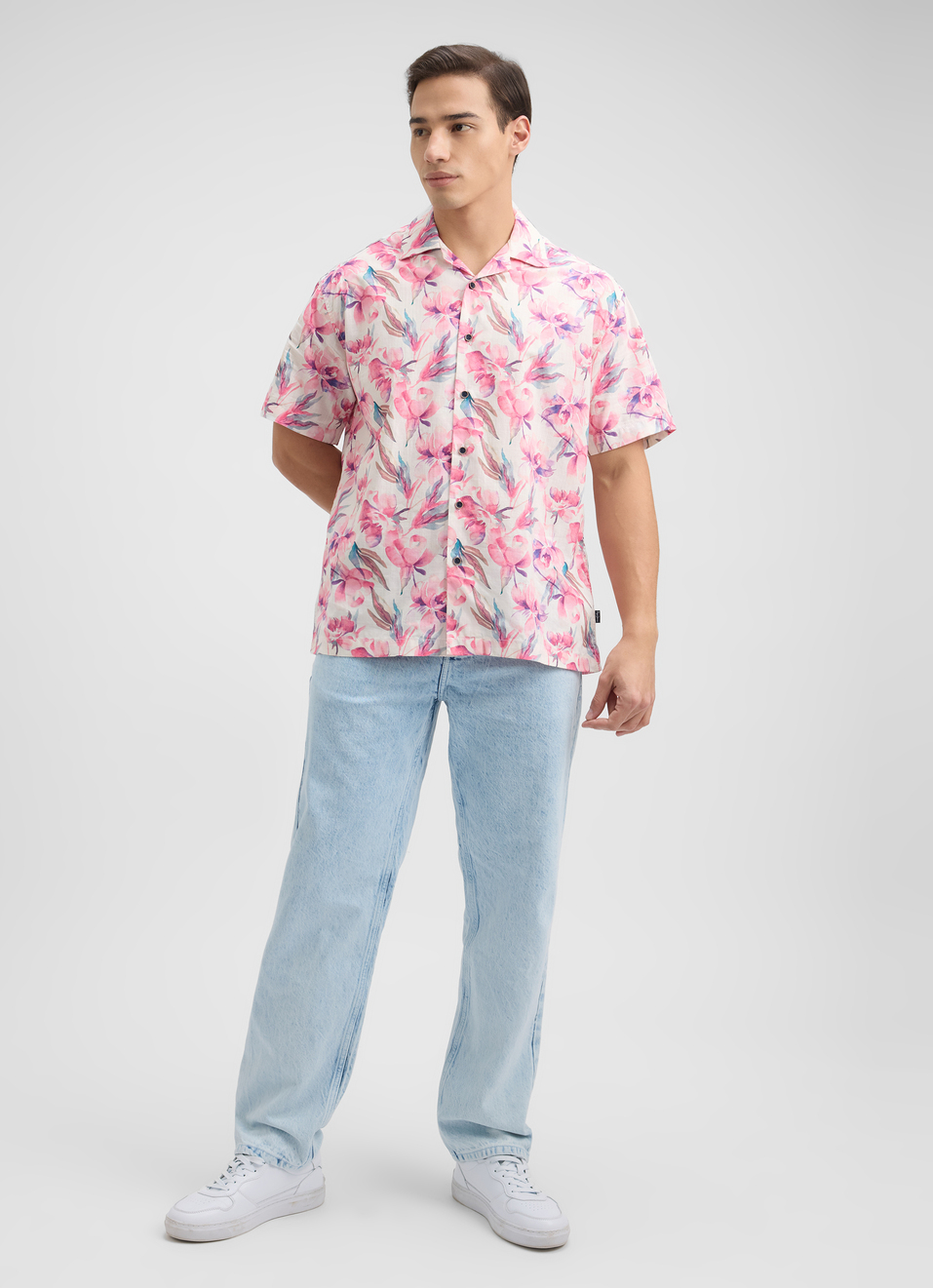 Men Peach Floral Print Resort Collar Shirt, , large image number 5