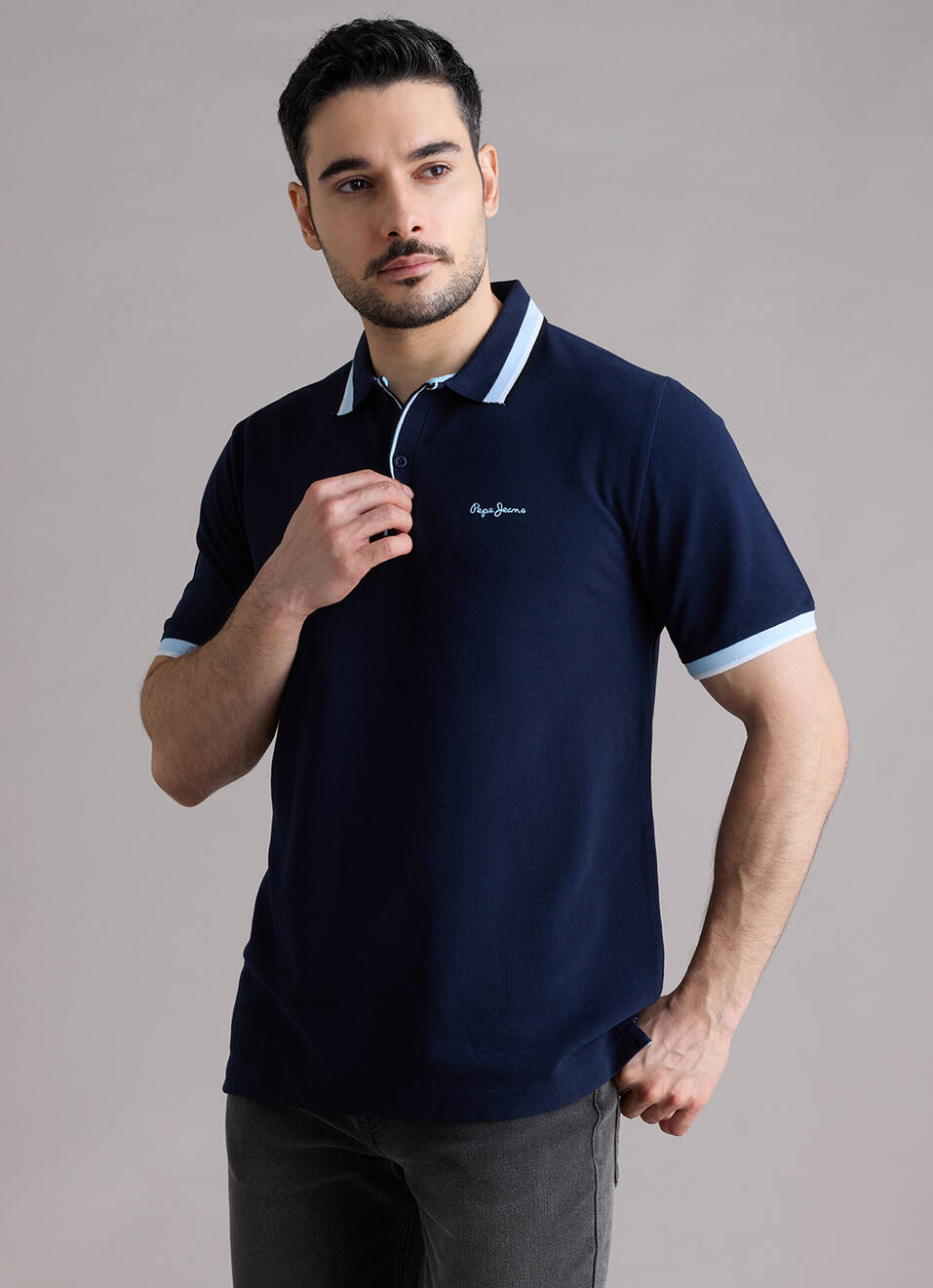 Men Navy Solid Polo Collar T-shirt, , large image number 3