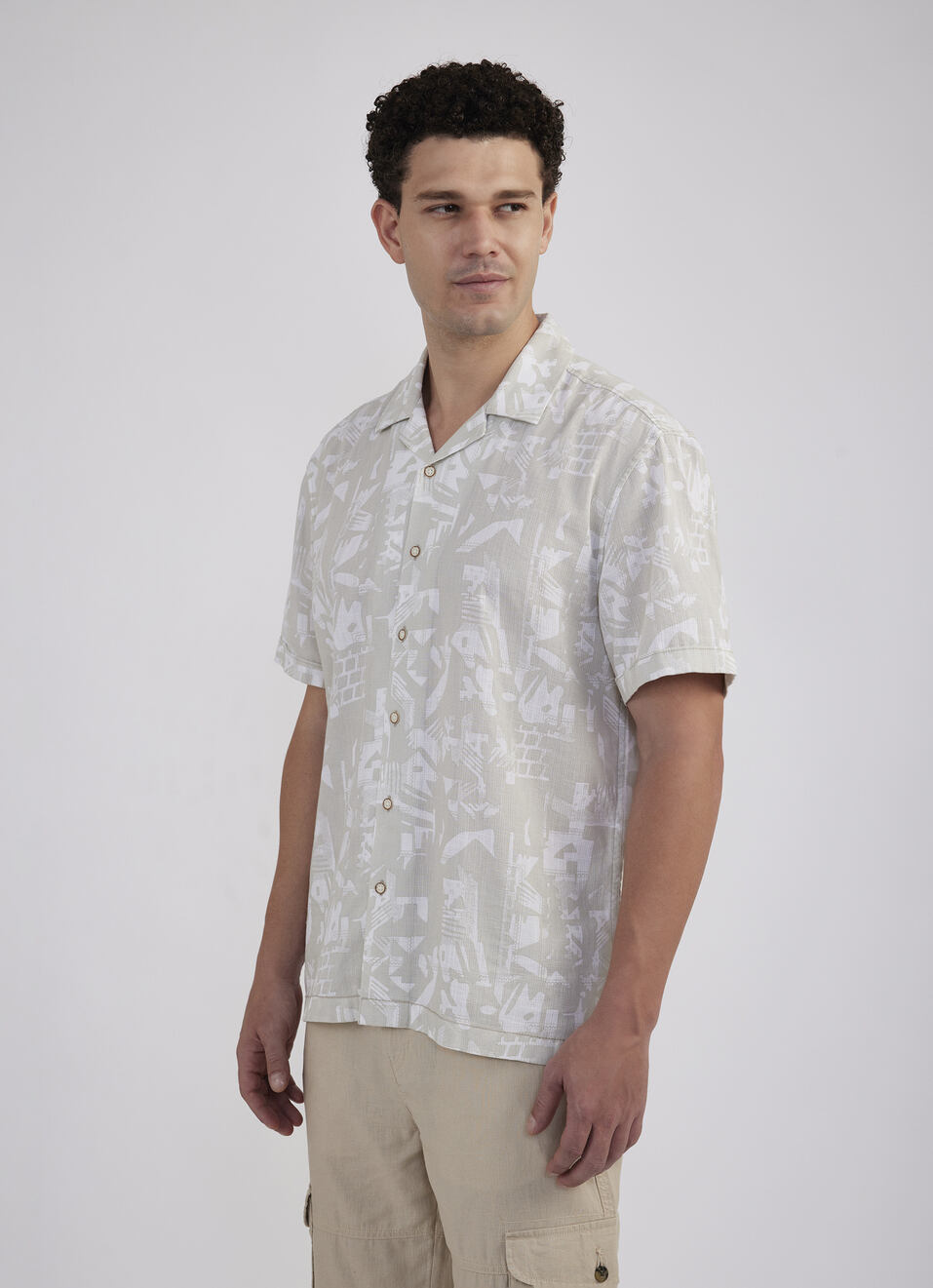 Men Beige Resort Collar Abstract Print Short Sleeve Shirt, , large image number 3