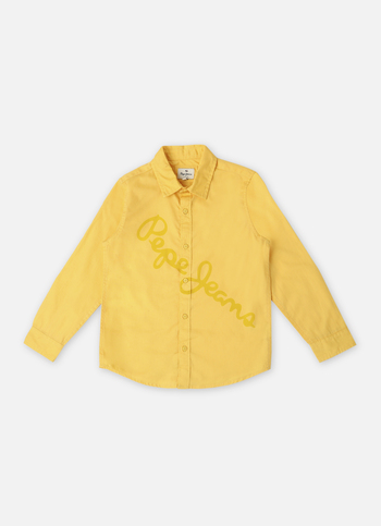 Boys Yellow Solid Brand Print Poplin Long Sleeve Shirt