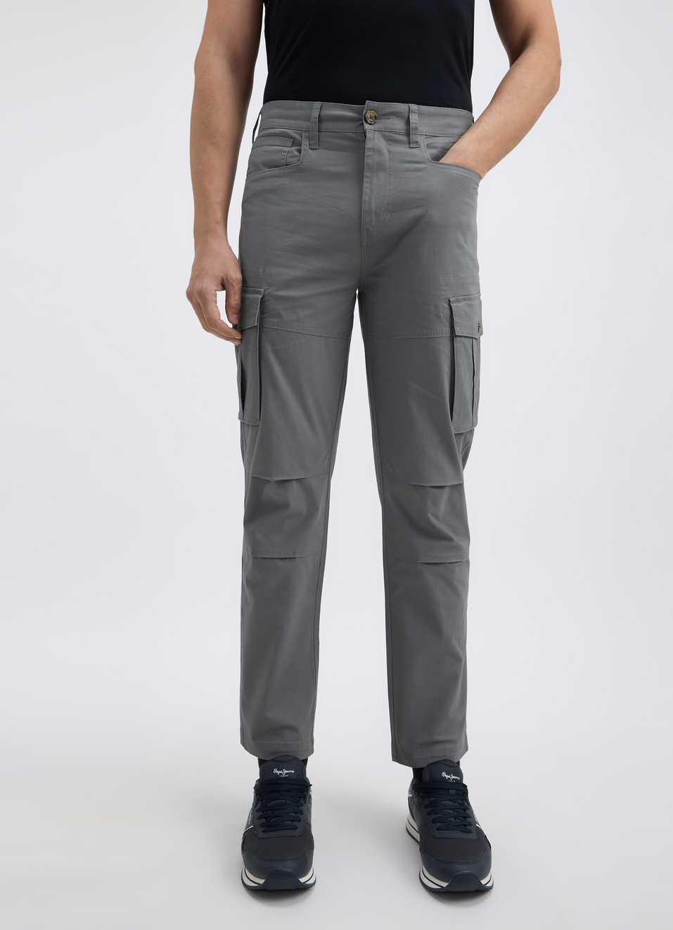 Men Grey Mid Rise Stretch Cargo, , large image number 1