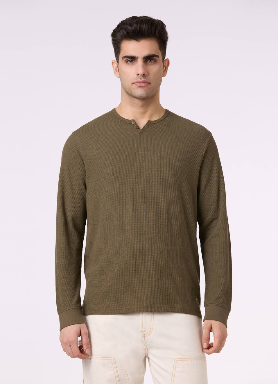 Men Leaf Green Henley Neck Full Sleeve T-shirt, , large image number 1