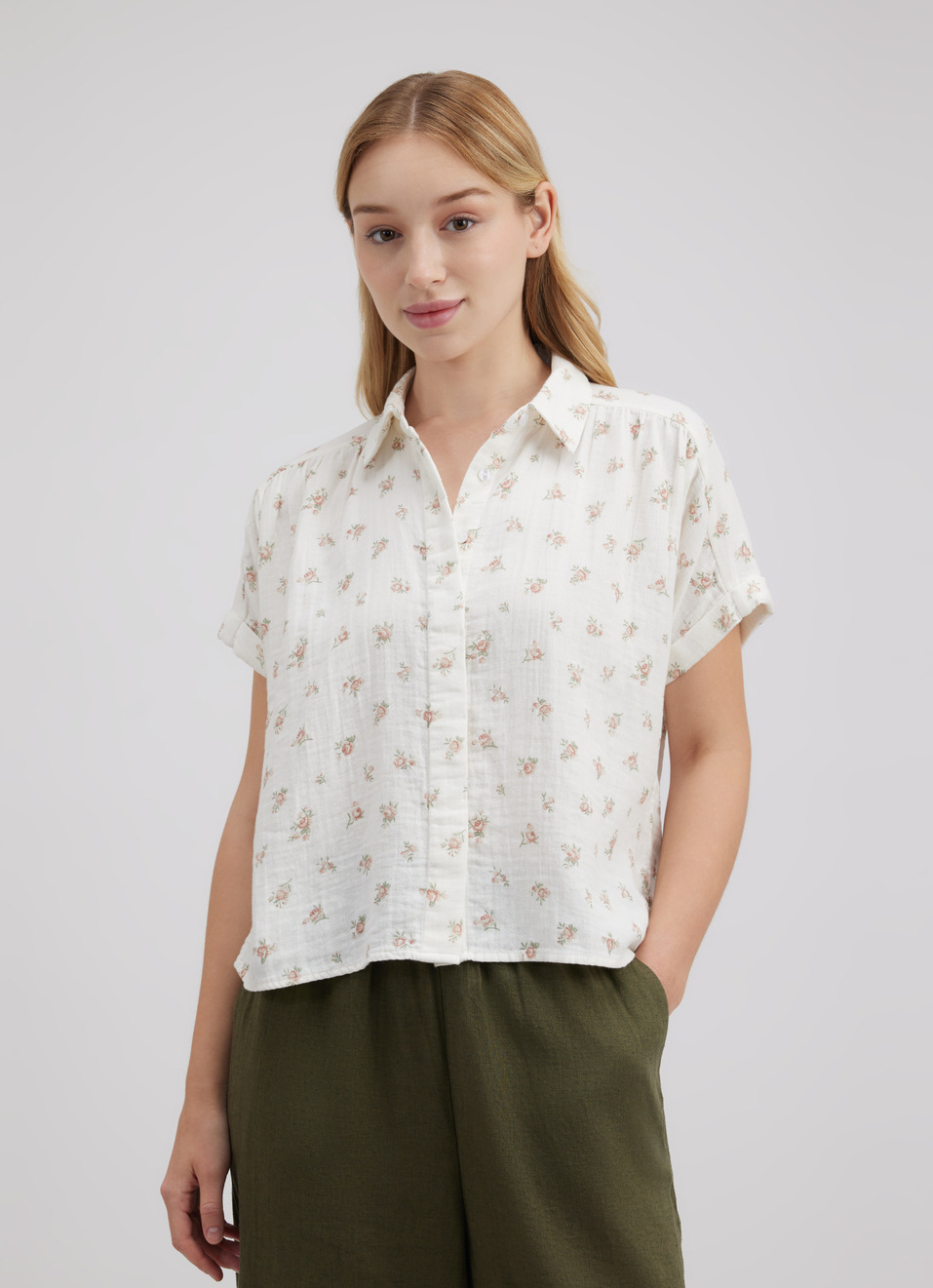 Women White Floral Print Short Sleeve Shirt, , large image number 0