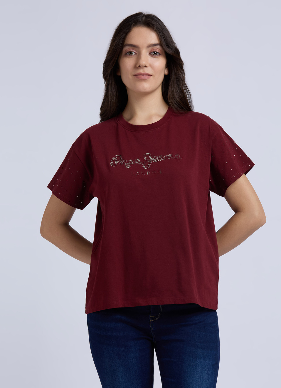 Burgundy Embellished Short Sleeve T-shirt, , large image number 0