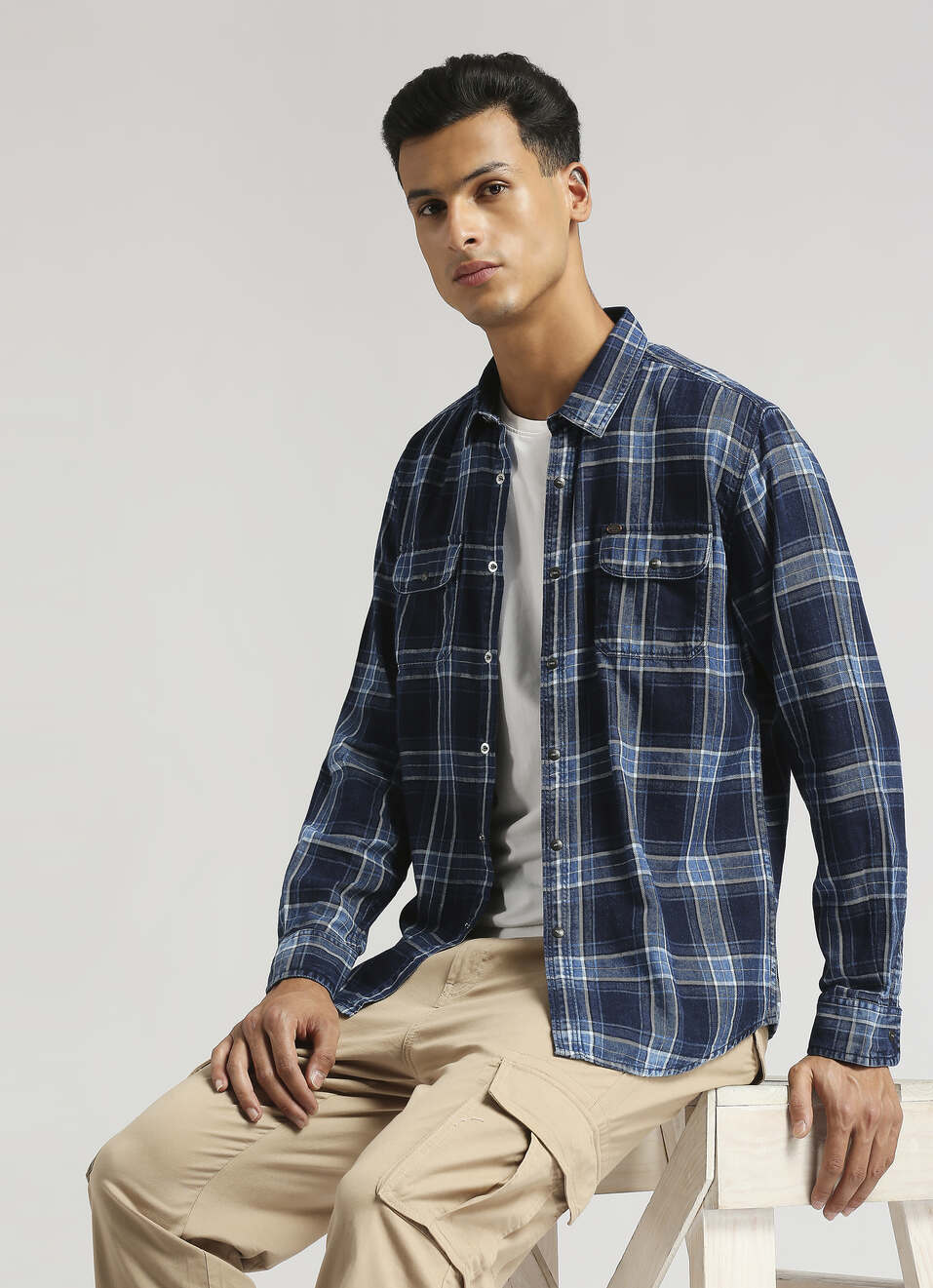 Yarn-dyed Checks Indigo Long Sleeve Shirt, , large image number 0