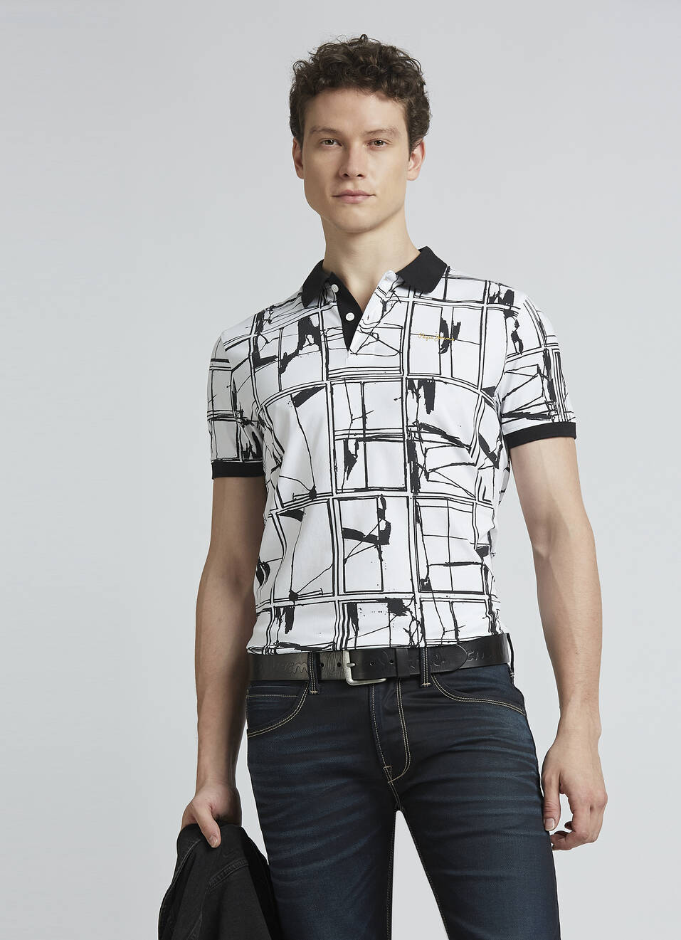 Black Abstract Print Short Sleeve Polo, , large image number 0